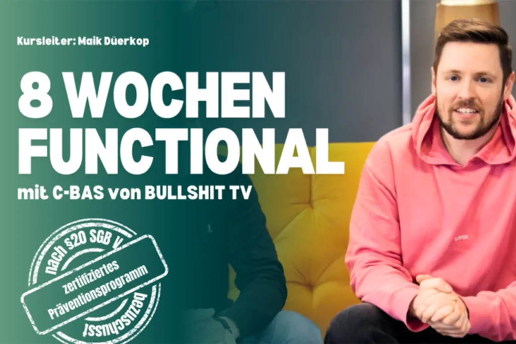 Ein digitaler Präventionskurs mit C-Bas von Bullshit TV. Das zertifizierte Programm nach §20 SGB V fördert Gesundheit und Wohlbefinden mit funktionellem Training.